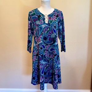 MSK Swing Dress Jewel Tones Keyhole Neck Silver